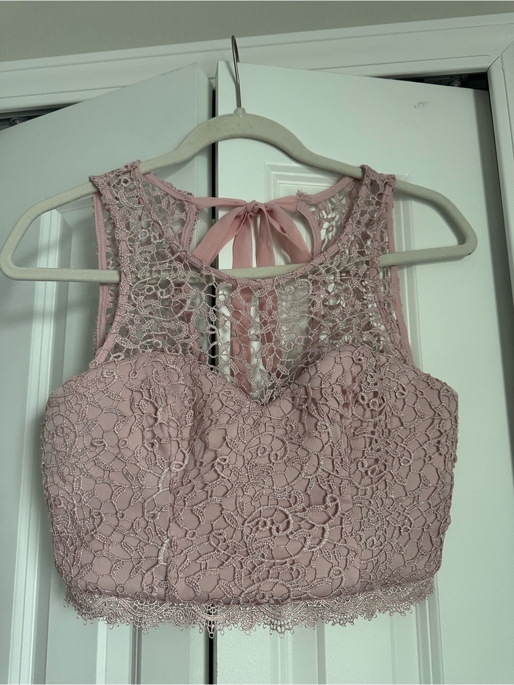 Sequin Hearts Dusty Rose Lace Crop Top with Tie Back